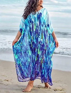 Leaf Print Chiffon Beach Kaftan Maxi Dress Women's Swim Cover Up