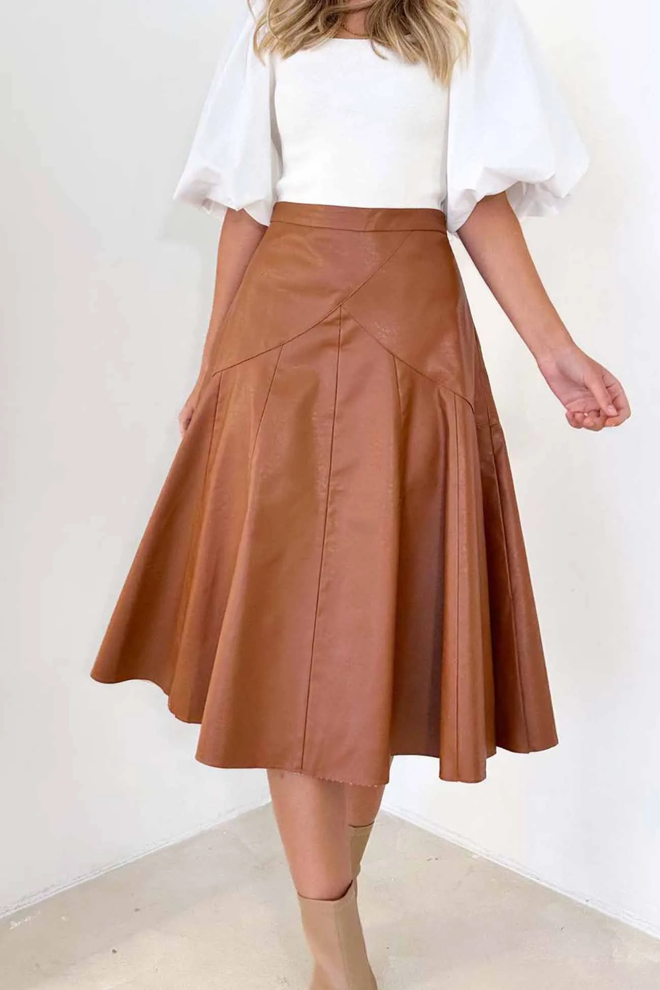 Leather High Waist Pleated Midi Skirt