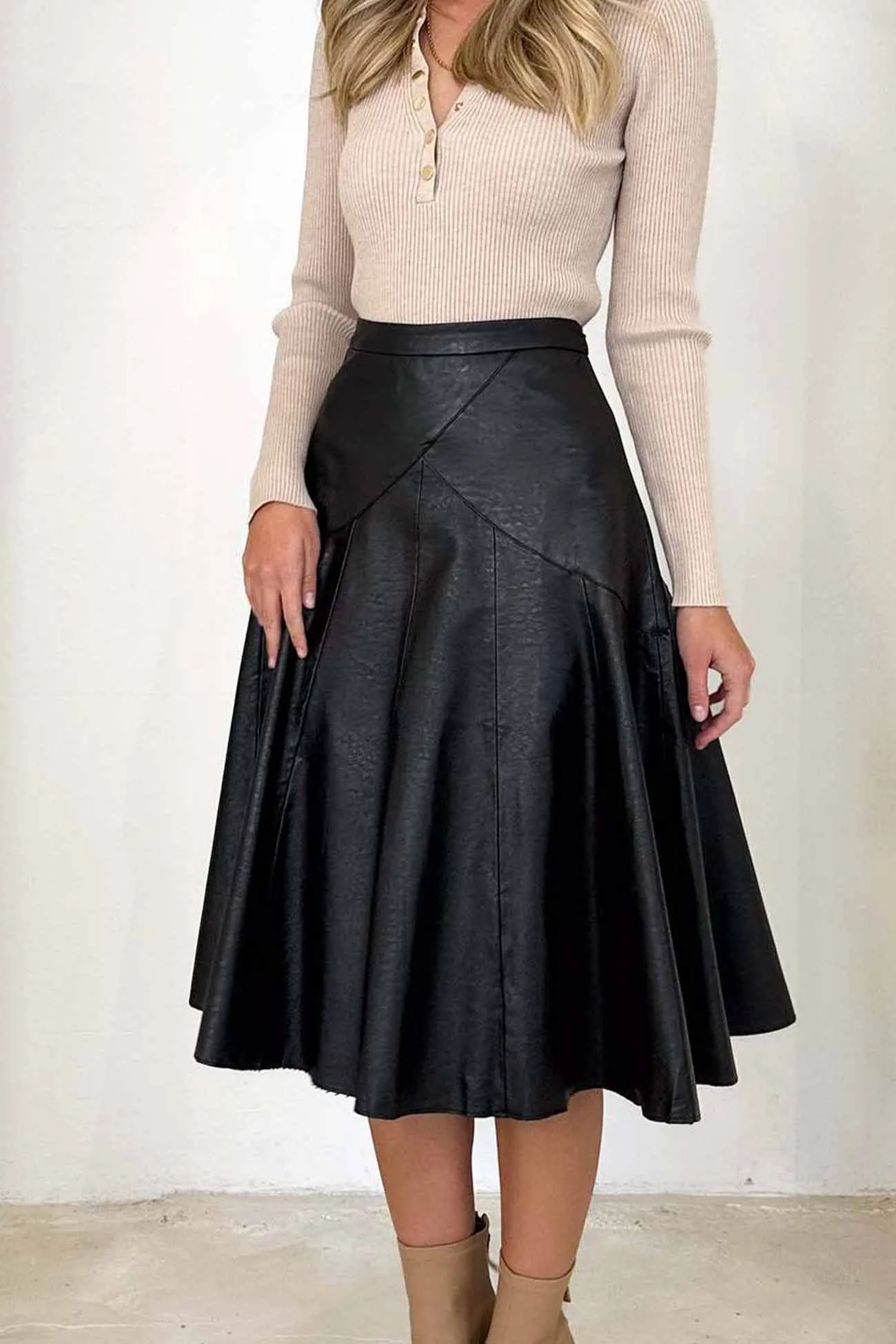 Leather High Waist Pleated Midi Skirt