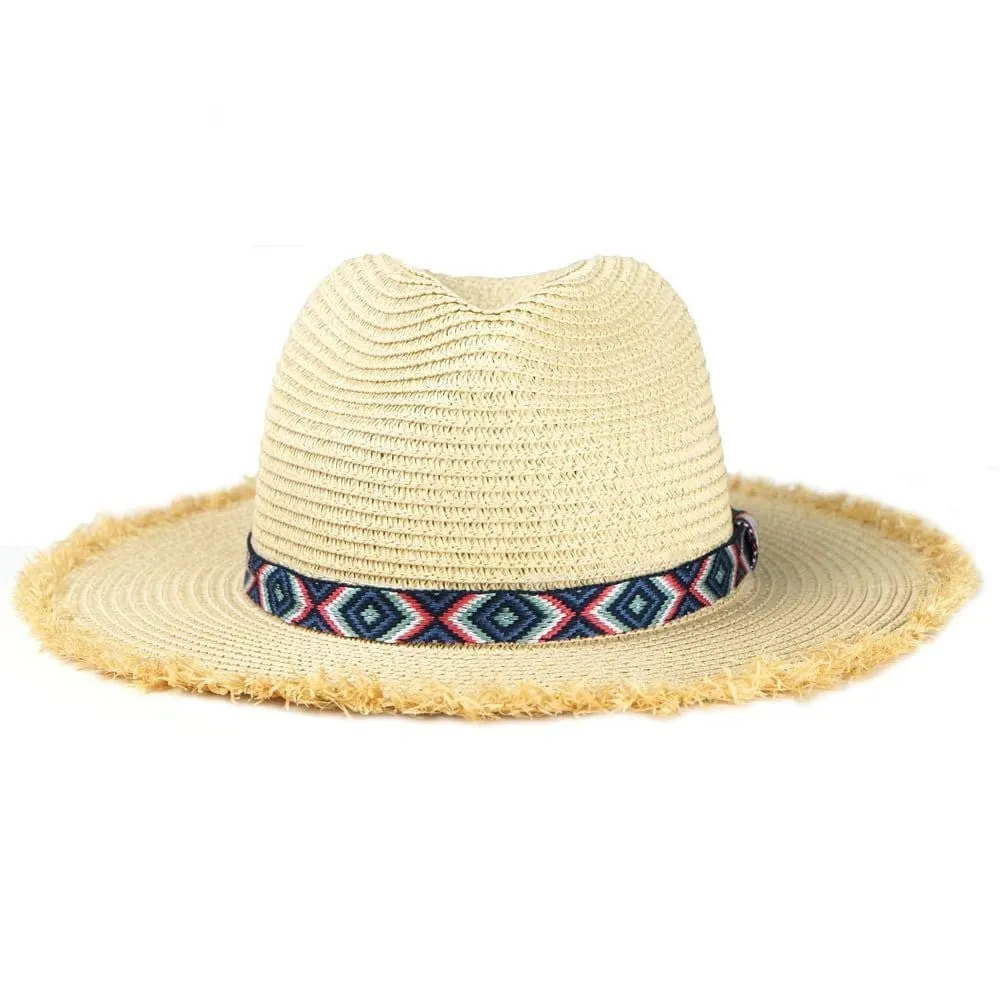 MH0038 Frayed Trim Aztec Banded Straw Hat