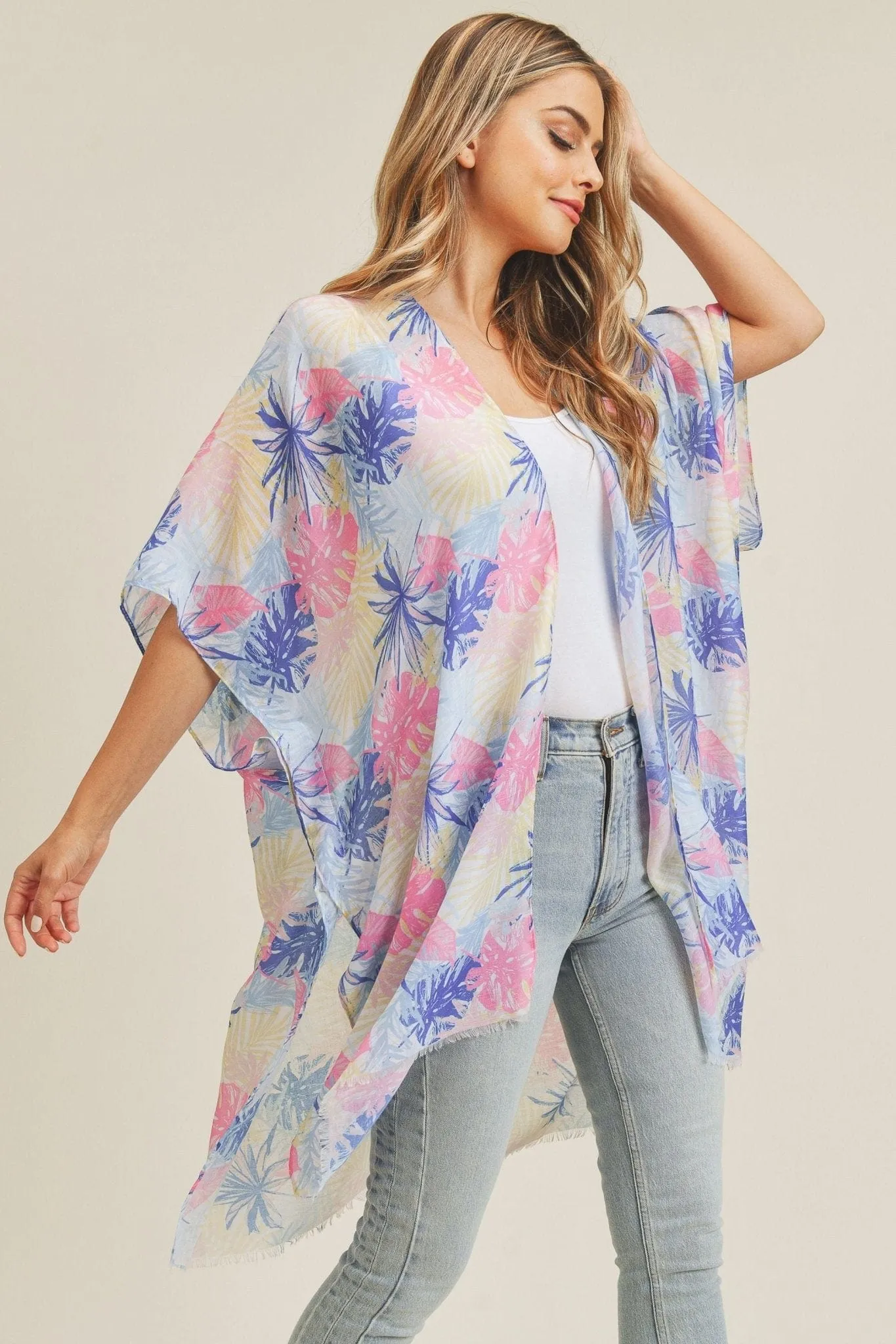 MS0217 Hand Drawn Tropical Leaves Summer Beach Kimono