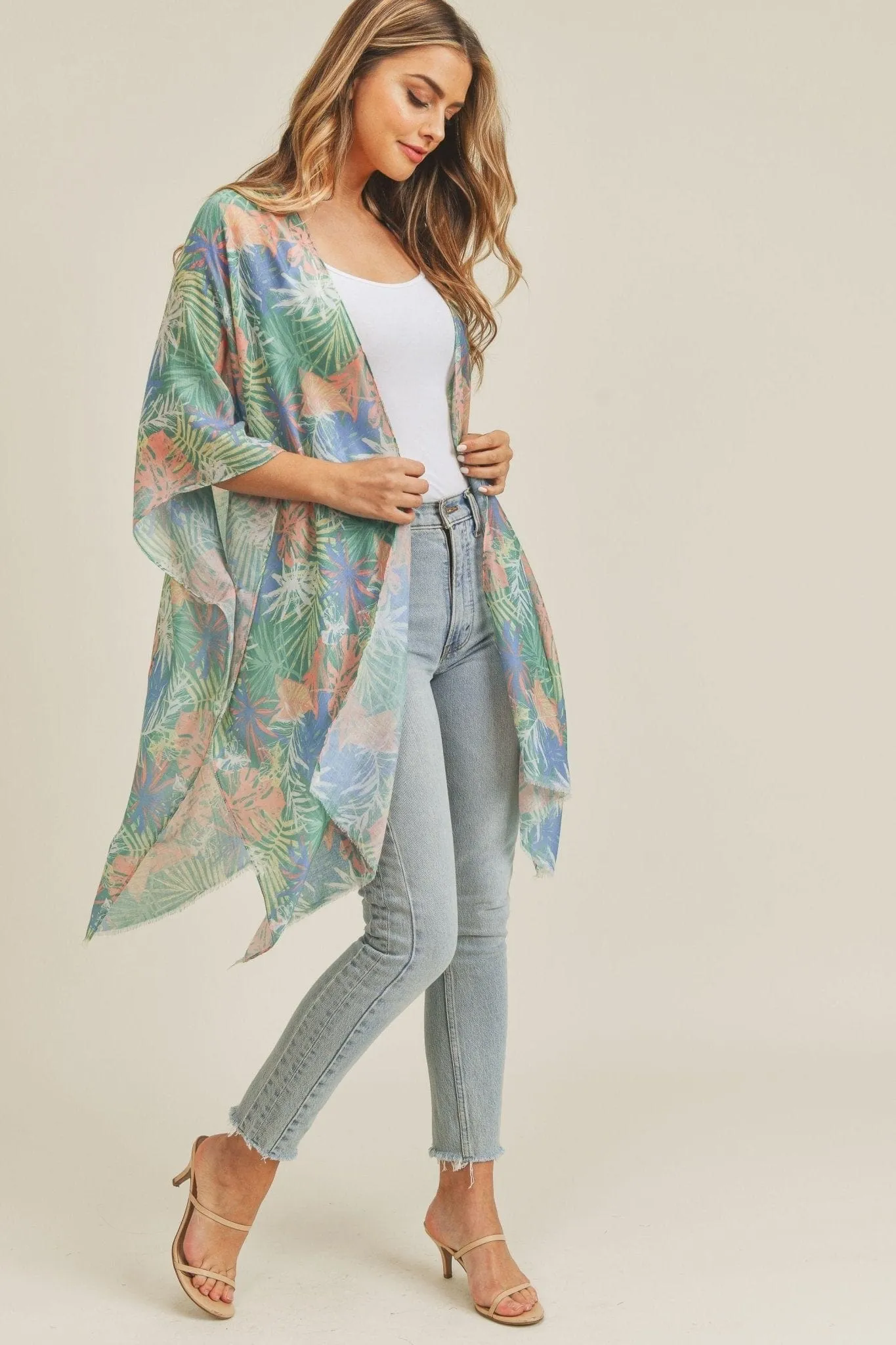 MS0217 Hand Drawn Tropical Leaves Summer Beach Kimono