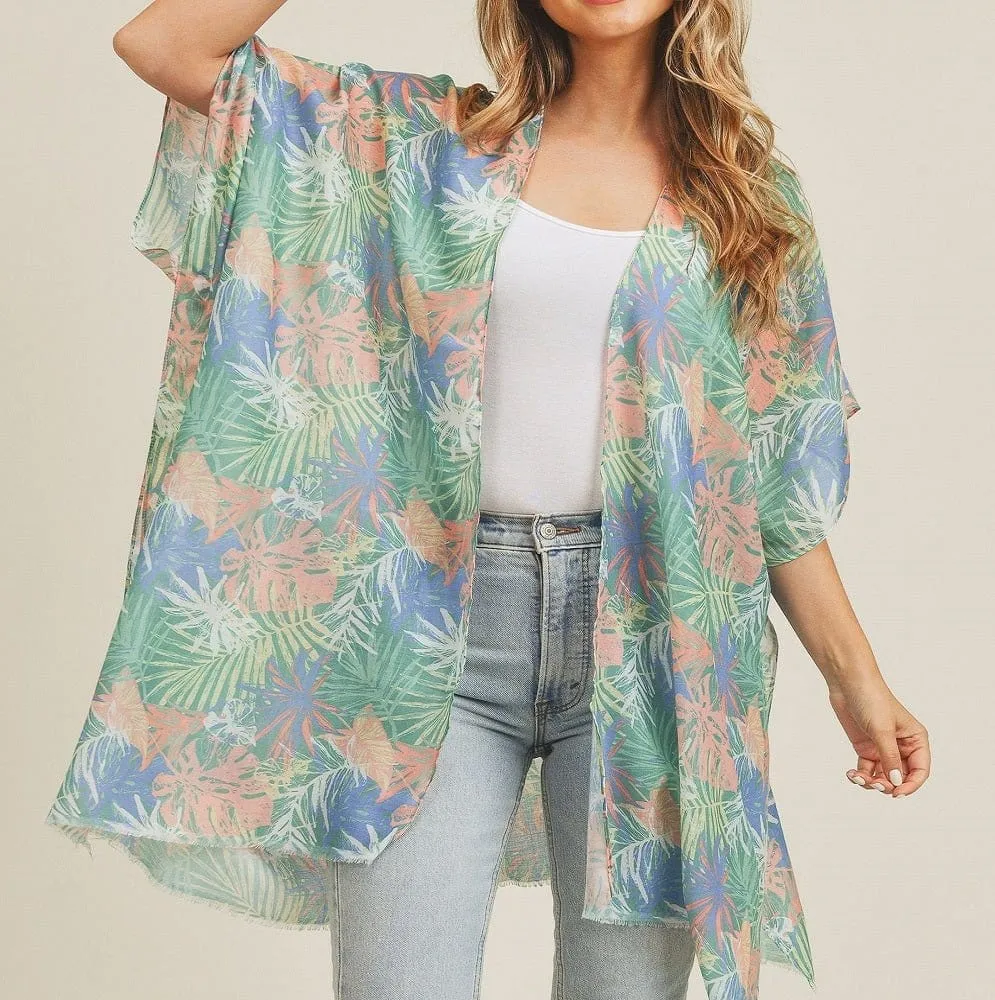 MS0217 Hand Drawn Tropical Leaves Summer Beach Kimono