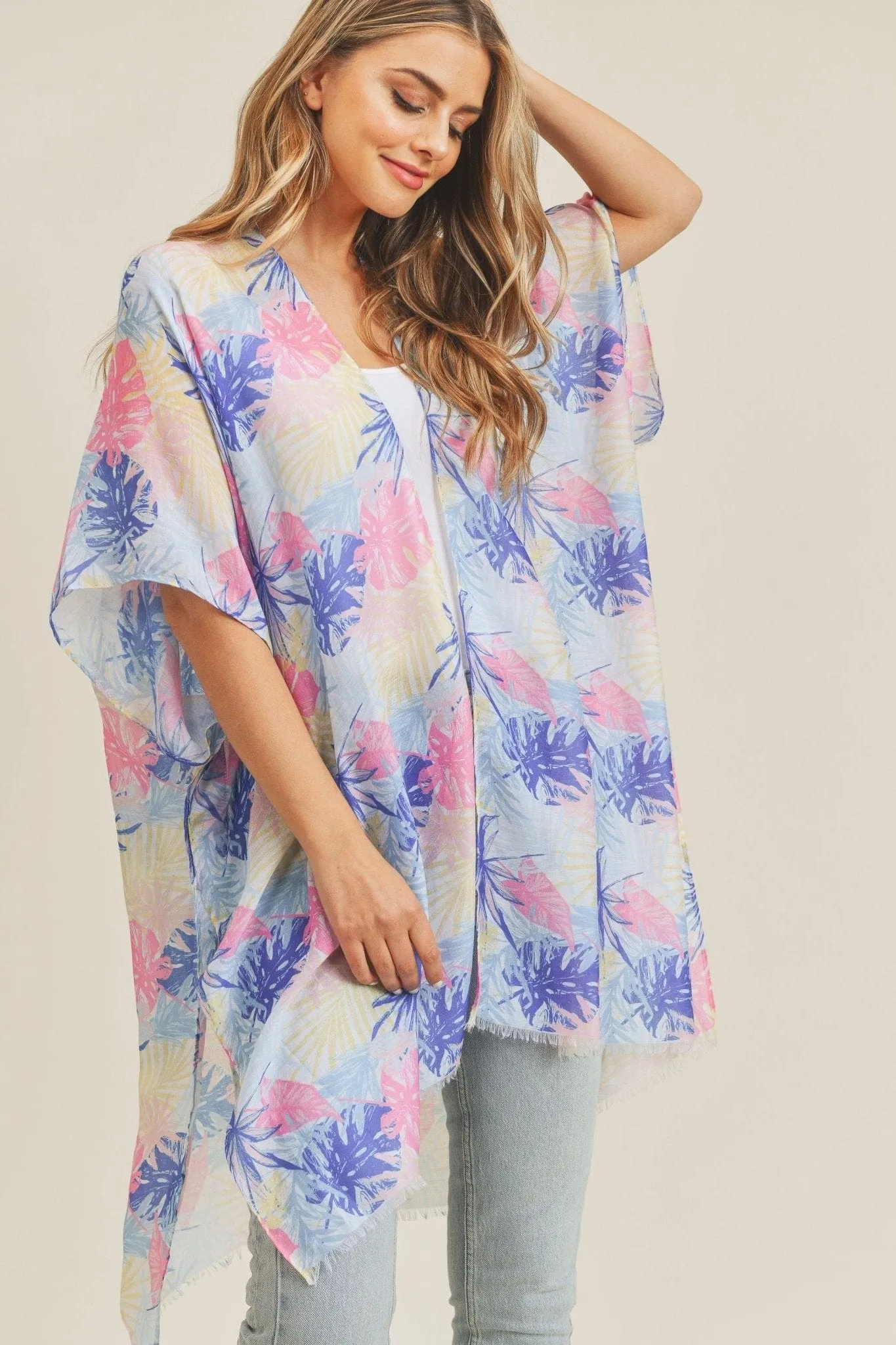 MS0217 Hand Drawn Tropical Leaves Summer Beach Kimono