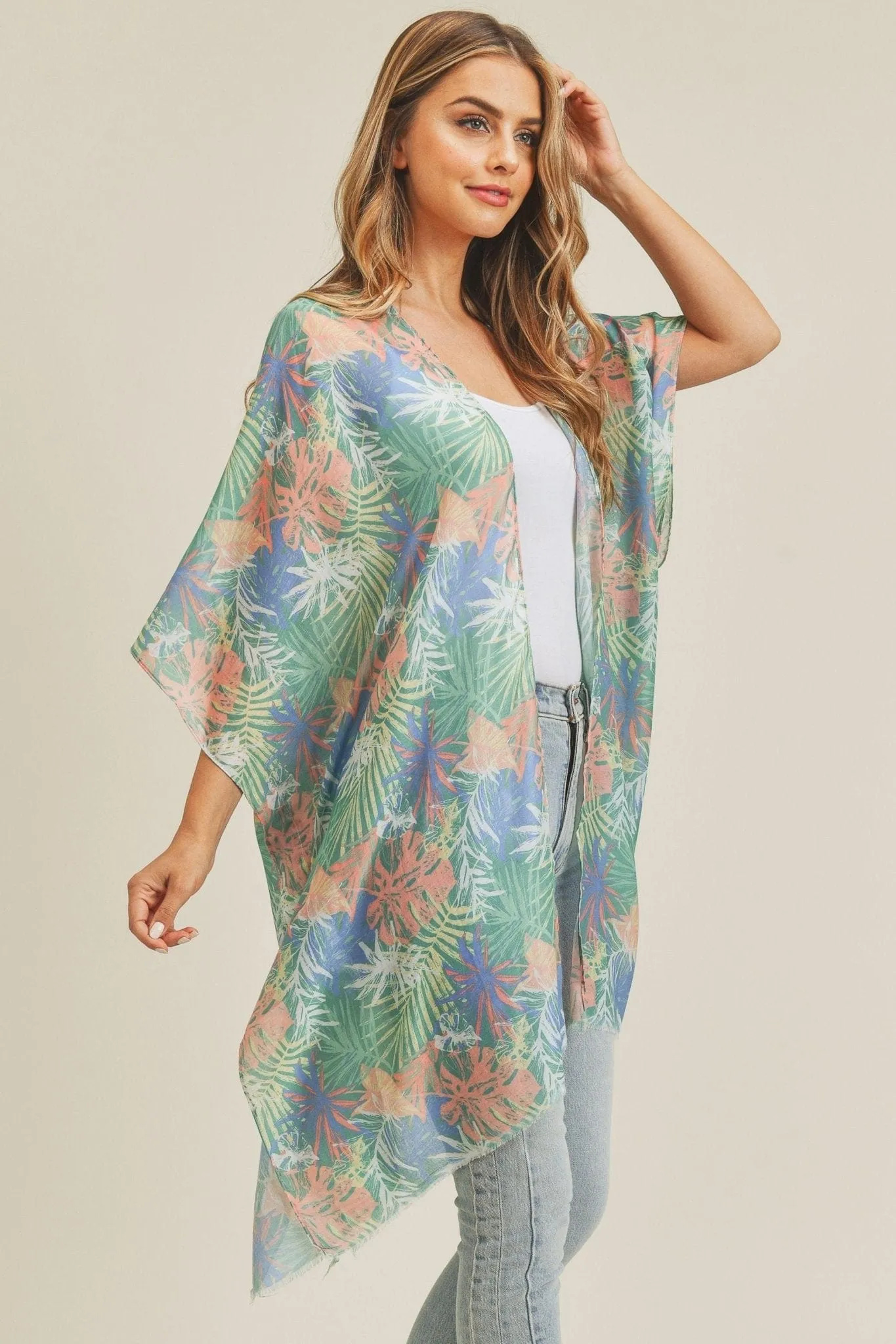 MS0217 Hand Drawn Tropical Leaves Summer Beach Kimono