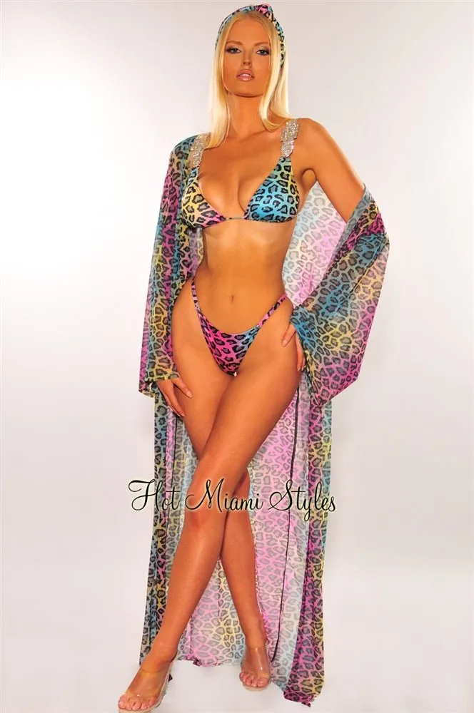 Multi Color Leopard Print Mesh Belted Cover Up