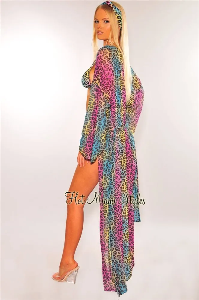 Multi Color Leopard Print Mesh Belted Cover Up