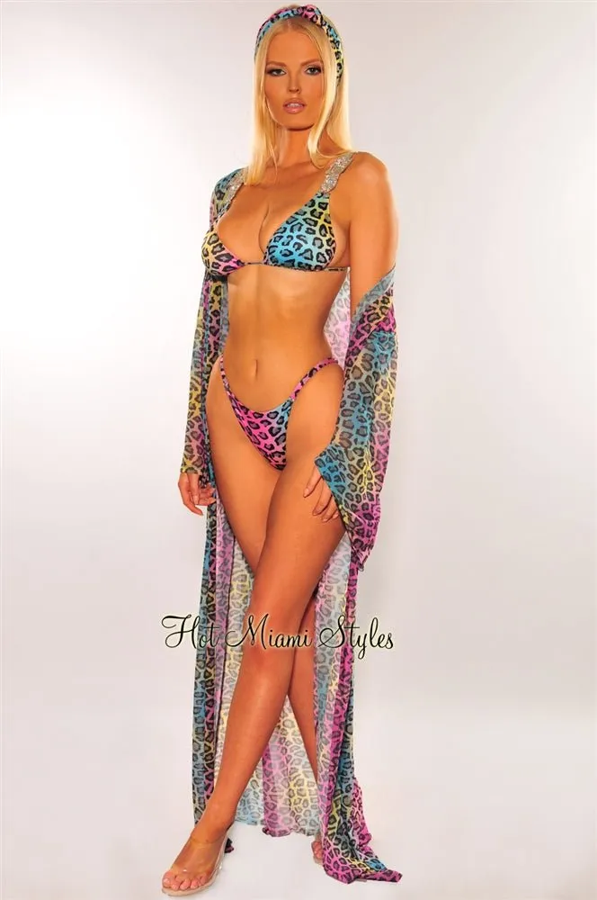 Multi Color Leopard Print Mesh Belted Cover Up