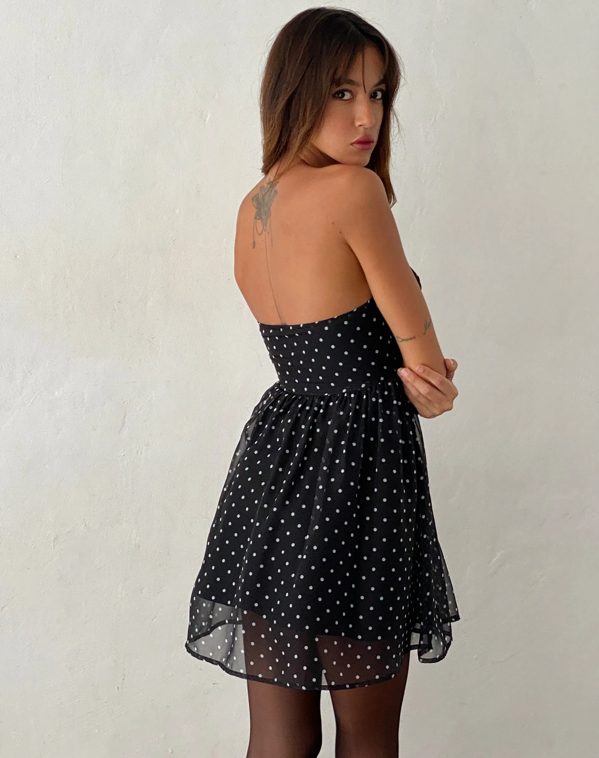 Murni Bandeau Mini Dress in Polka Black Chiffon