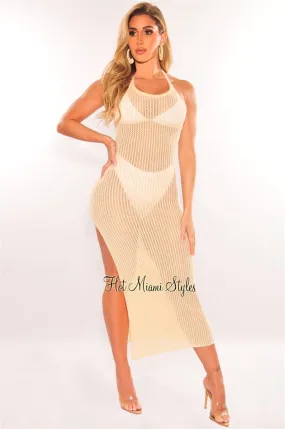 Nude Crochet Halter Tie Up Back Slit Cover Up Dress