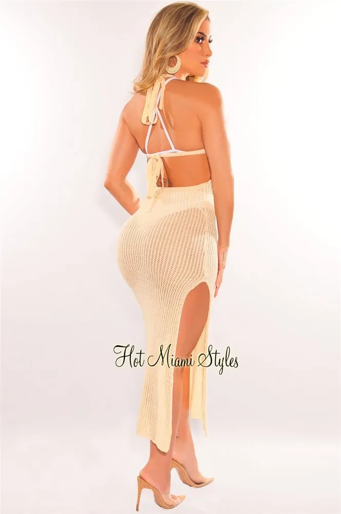 Nude Crochet Halter Tie Up Back Slit Cover Up Dress