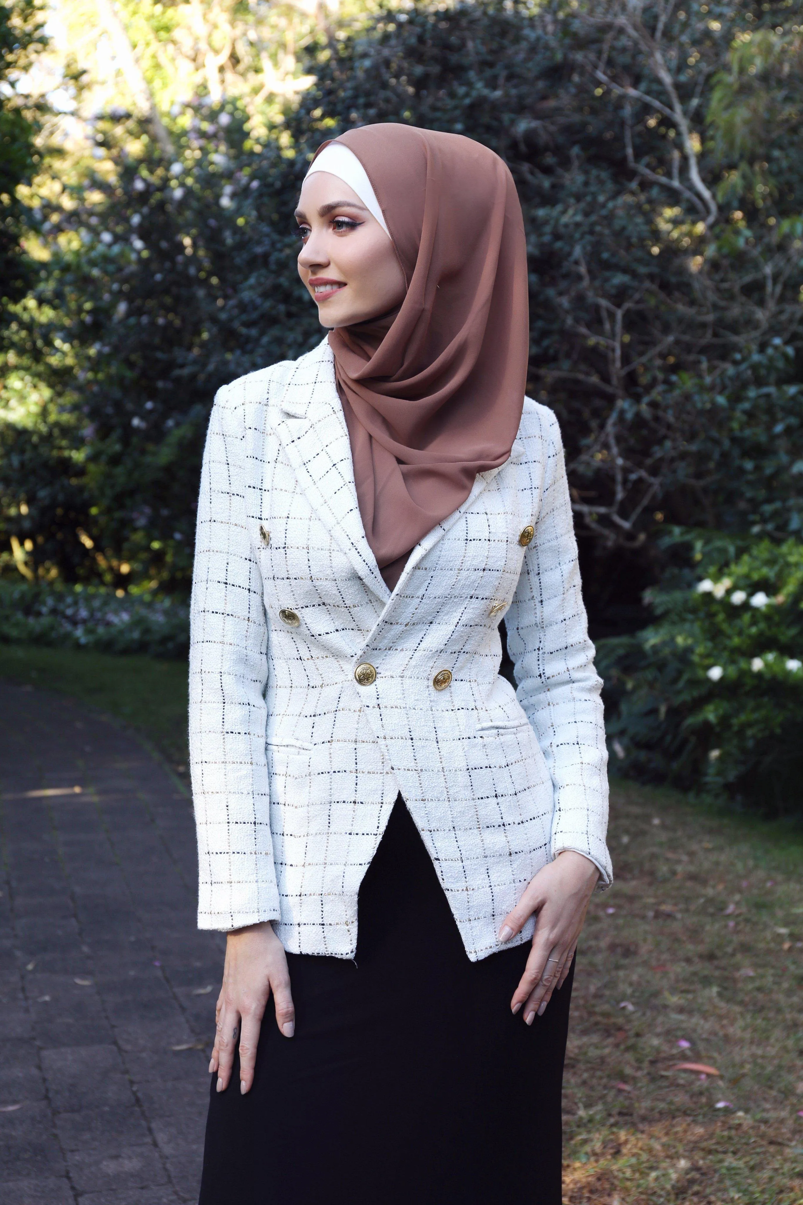 Off White and Gold Tweed Checked Blazer with Gold Buttons