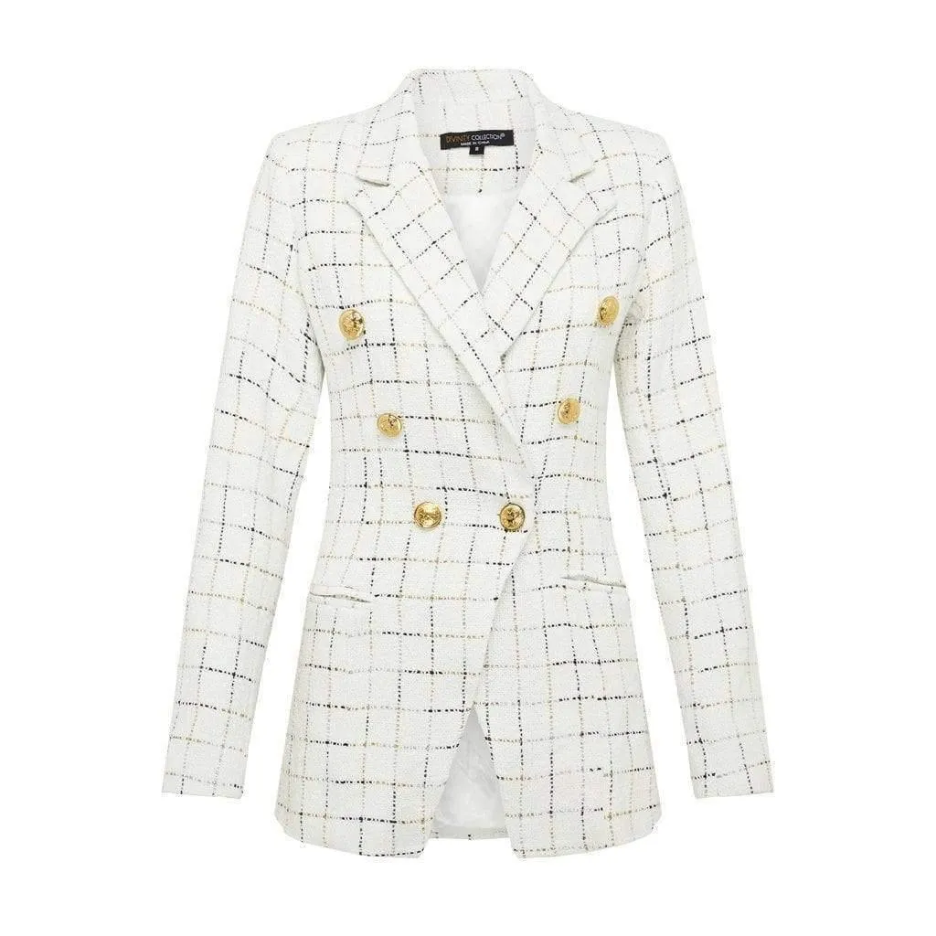 Off White and Gold Tweed Checked Blazer with Gold Buttons