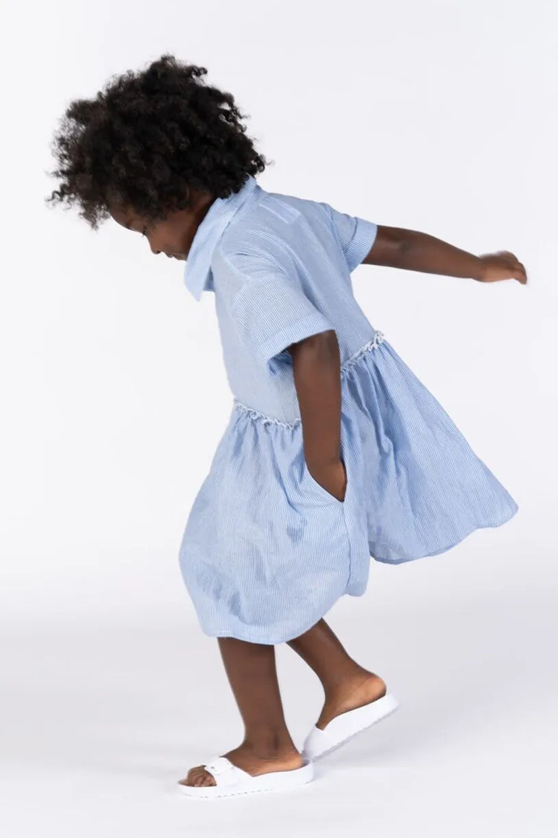 OMAMImini Fit & Flare Striped Shirt Girls Dress - Blue