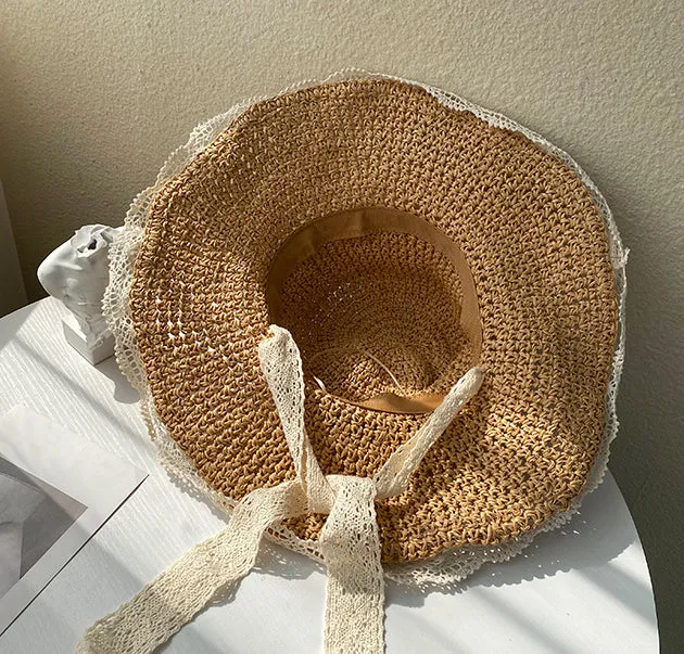 Paziye Ladies Straw Hats With Lace Floppy Hat