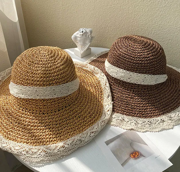 Paziye Ladies Straw Hats With Lace Floppy Hat