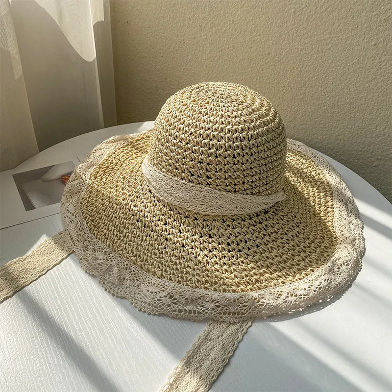 Paziye Ladies Straw Hats With Lace Floppy Hat