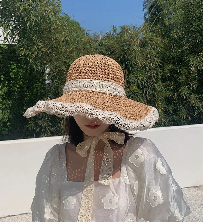 Paziye Ladies Straw Hats With Lace Floppy Hat