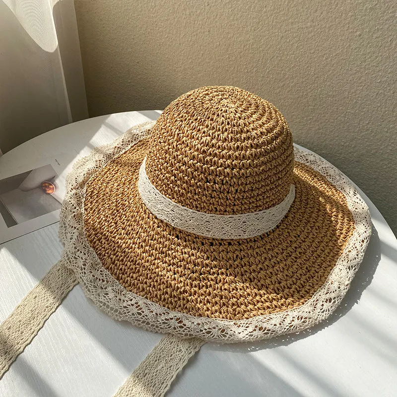 Paziye Ladies Straw Hats With Lace Floppy Hat