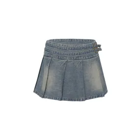 Pleated Denim Strap Skirt