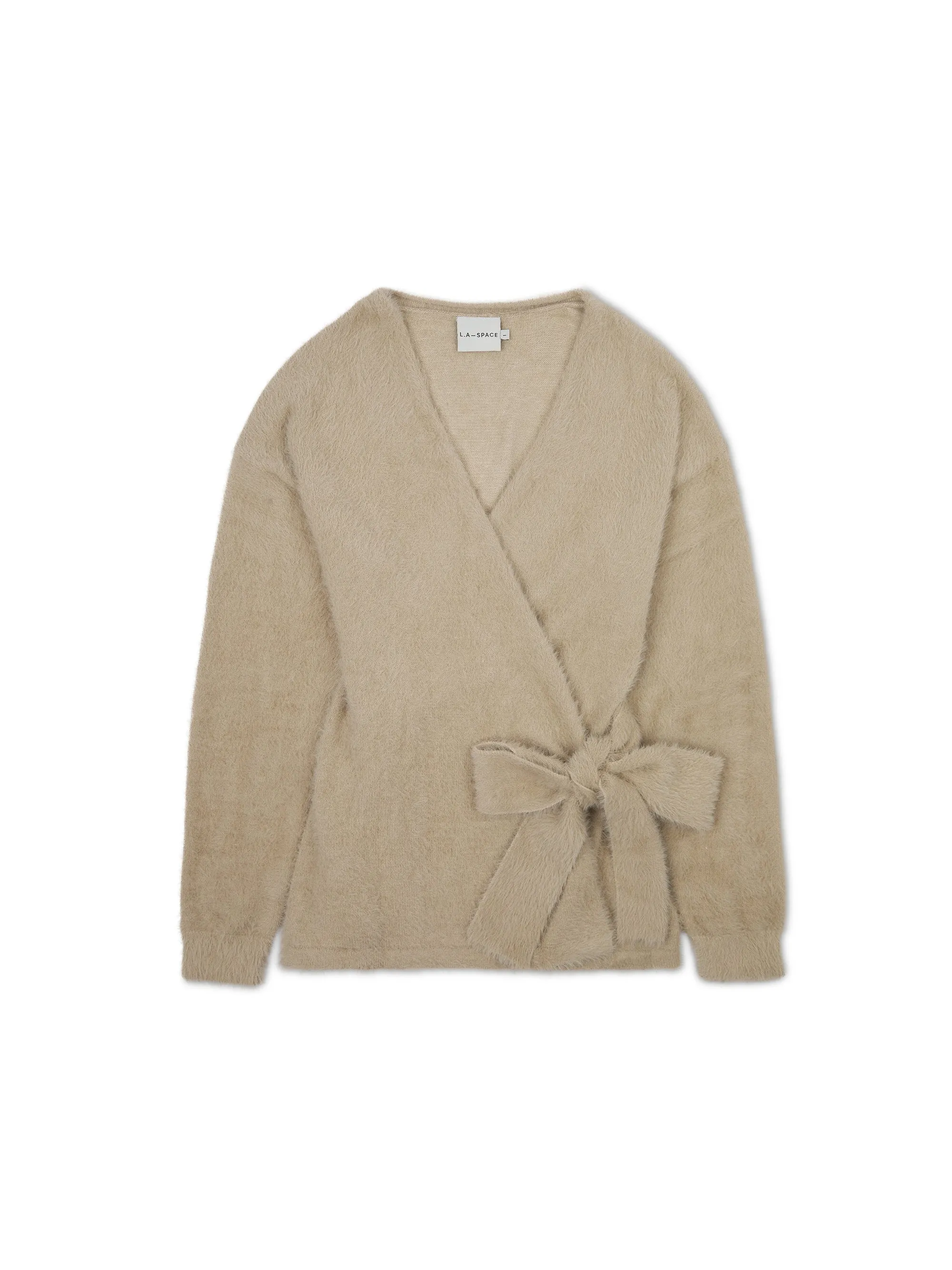 ‘POESY’ EYELASH KNITTED BALLERINA WRAP CARDIGAN BEIGE