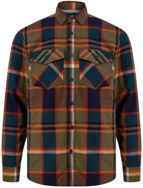 Pokhara Borg Lined Cotton Flannel Checked Overshirt Jacket in Green / Navy - Tokyo Laundry