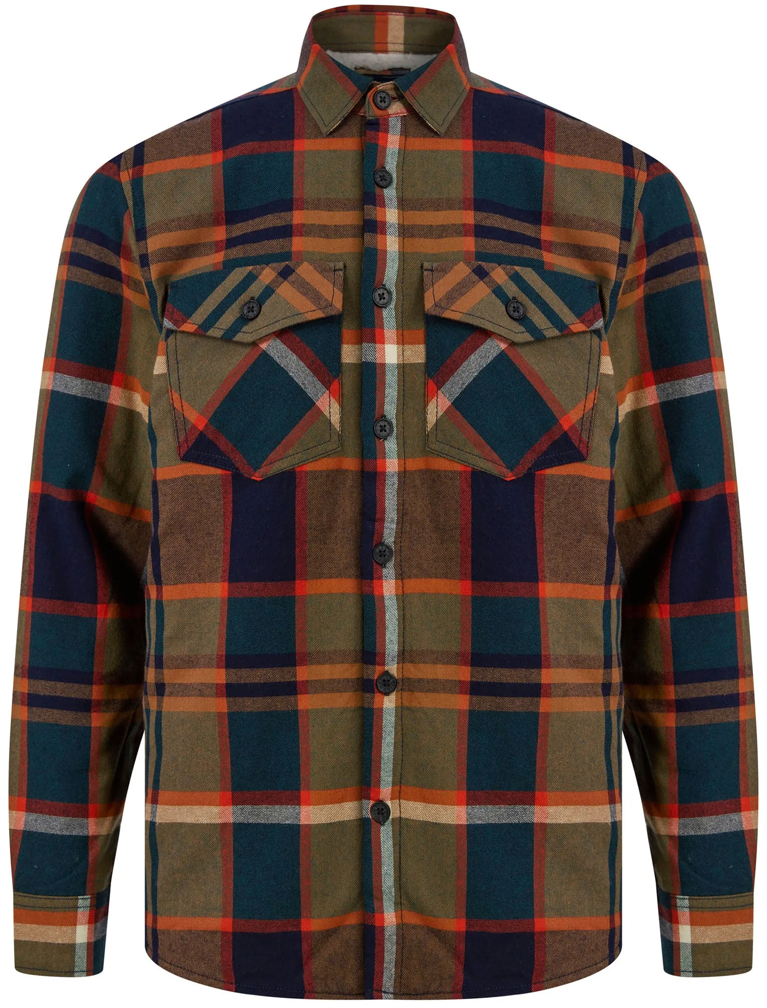 Pokhara Borg Lined Cotton Flannel Checked Overshirt Jacket in Green / Navy - Tokyo Laundry