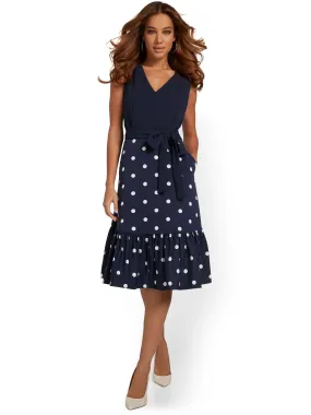 Polka-Dot Belted Midi Dress