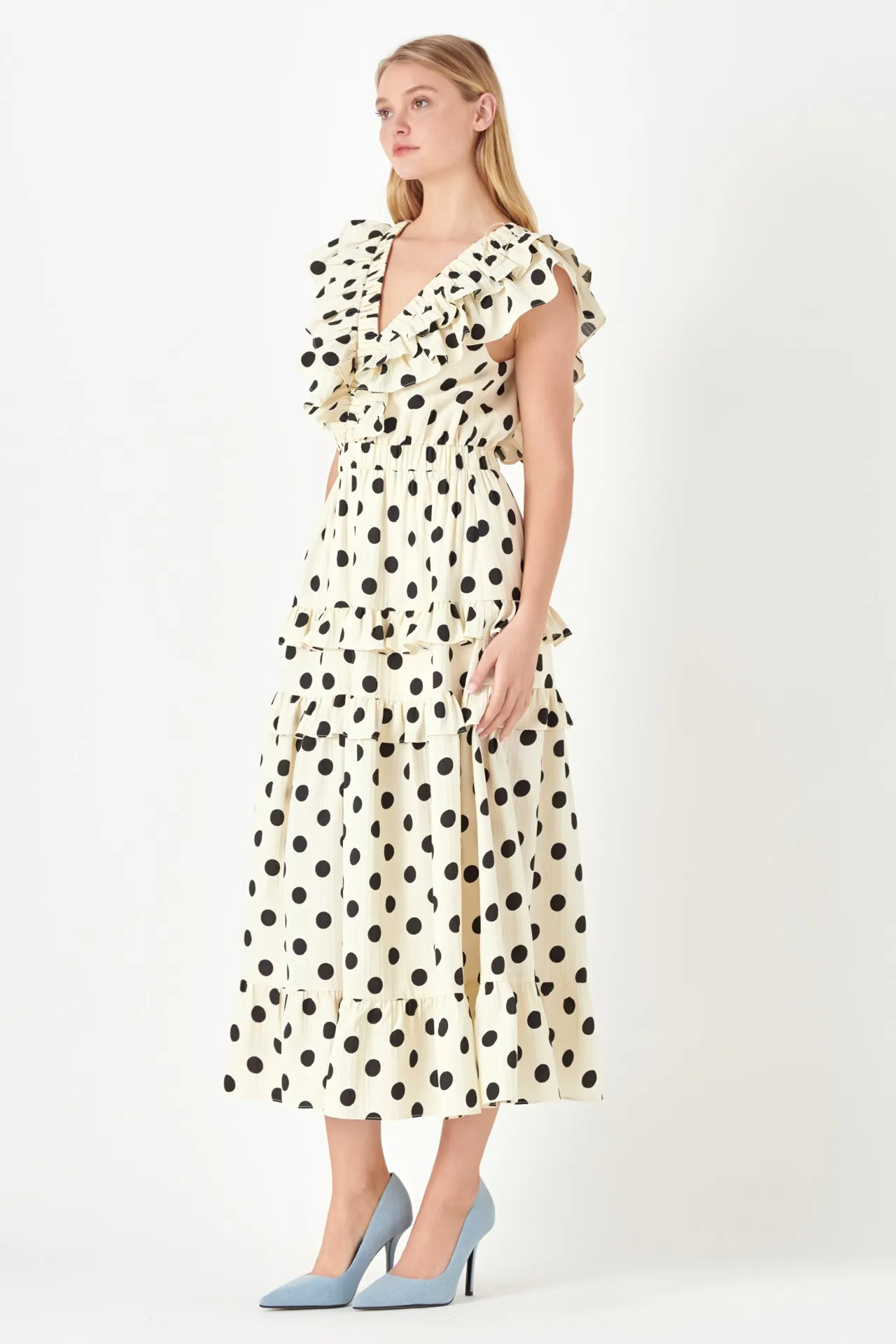 Polka Dot Print Ruffle Detail Maxi Dress