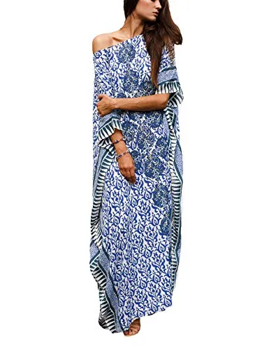 "Blue Print Plus Size Beach Kaftan: Short Sleeve Cover Up