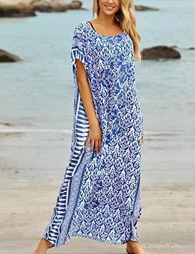 "Blue Print Plus Size Beach Kaftan: Short Sleeve Cover Up