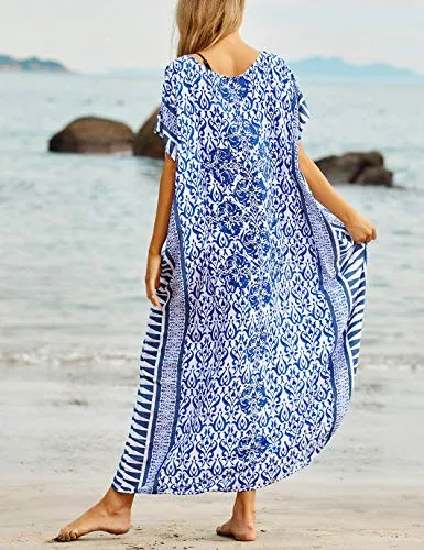 "Blue Print Plus Size Beach Kaftan: Short Sleeve Cover Up