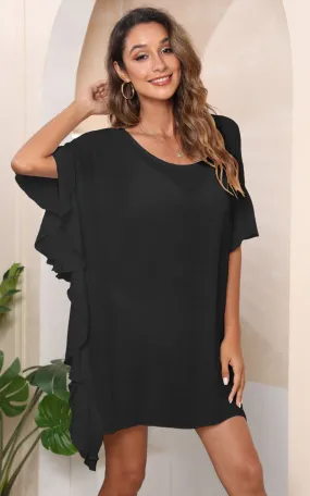 Ruffle-Edge Sheer Solid Beach Cover-Up