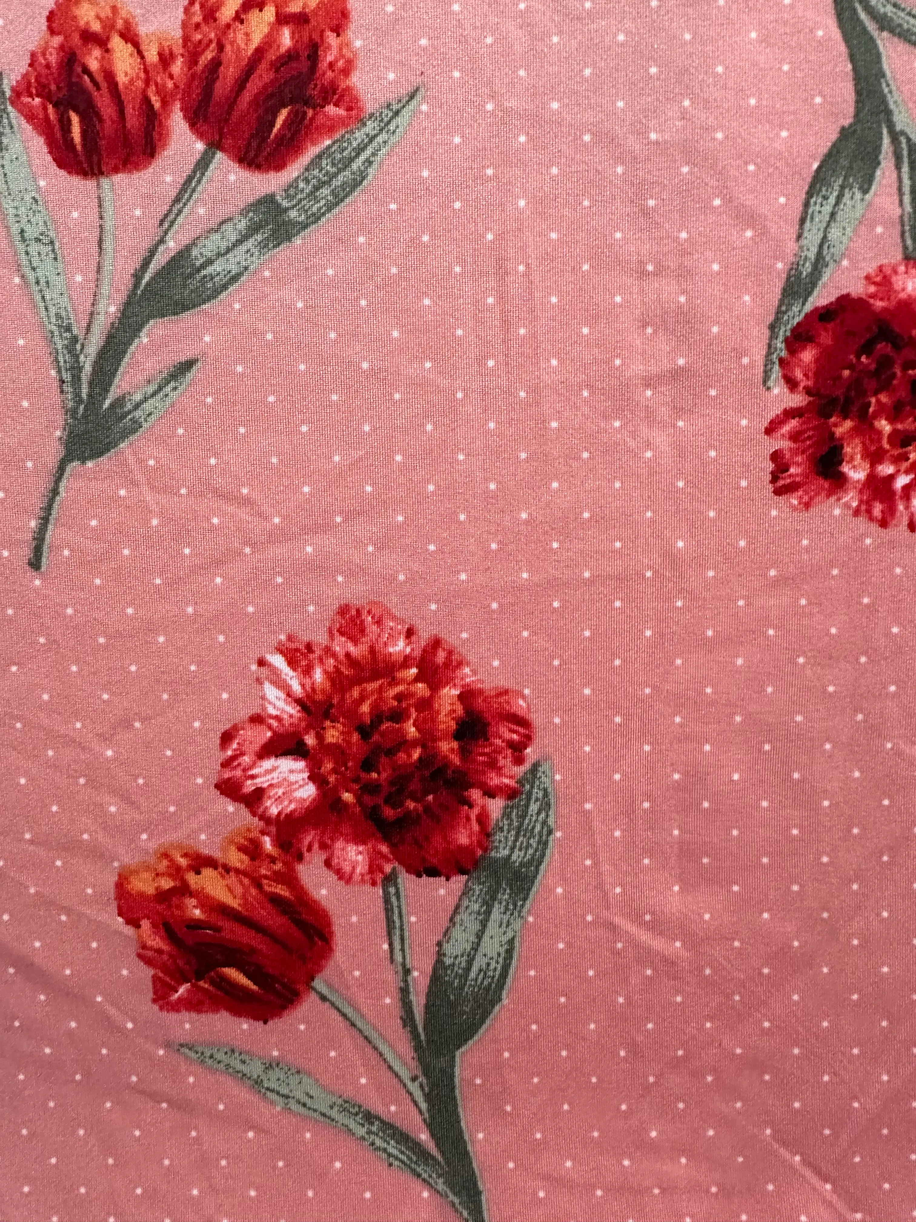 Salmon Pink Polka Dot Floral Print ITY Jersey Knit Fabric