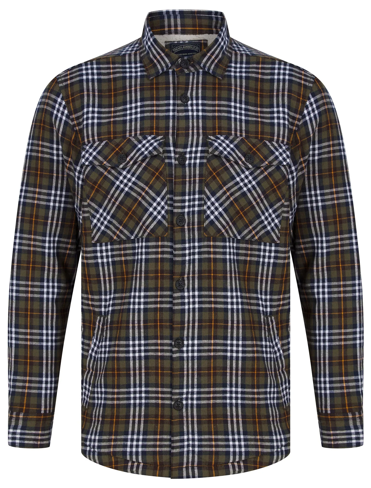 Sawatch Borg Lined Cotton Flannel Checked Overshirt Jacket in Navy / Khaki  - Tokyo Laundry