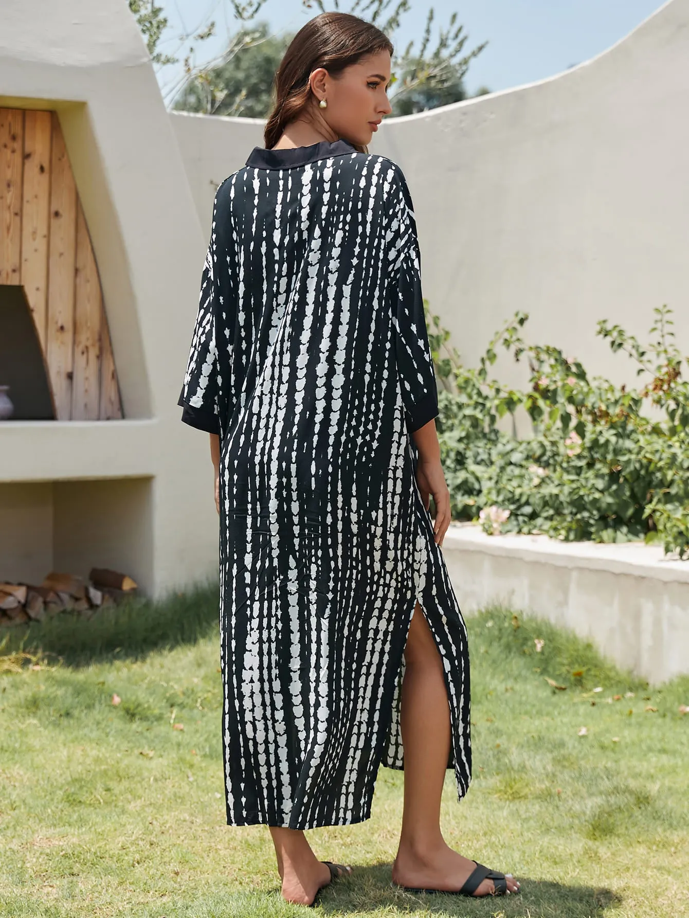 Short Sleeve Plus Size Pinstripe Beach Kaftan Cover-Ups