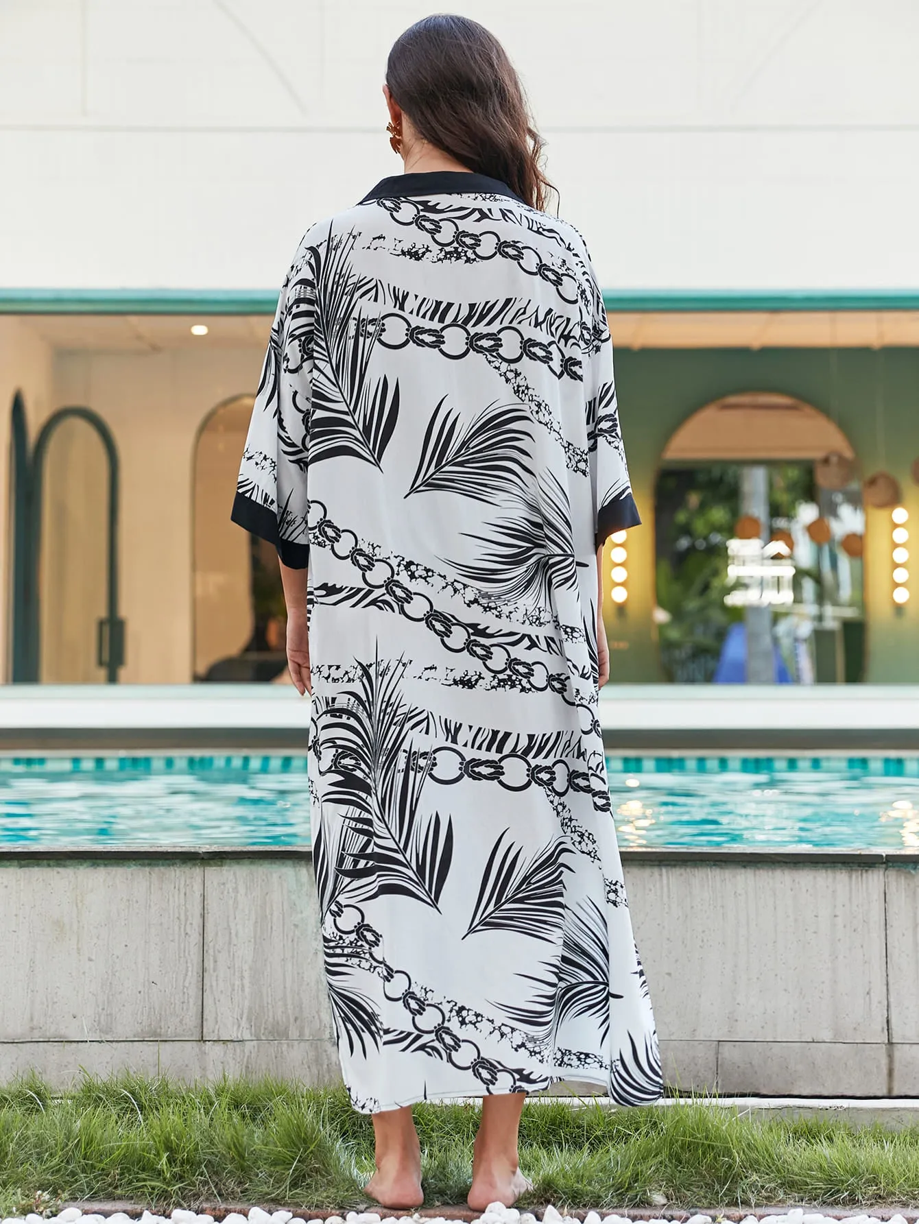 Short Sleeve Plus Size Pinstripe Beach Kaftan Cover-Ups