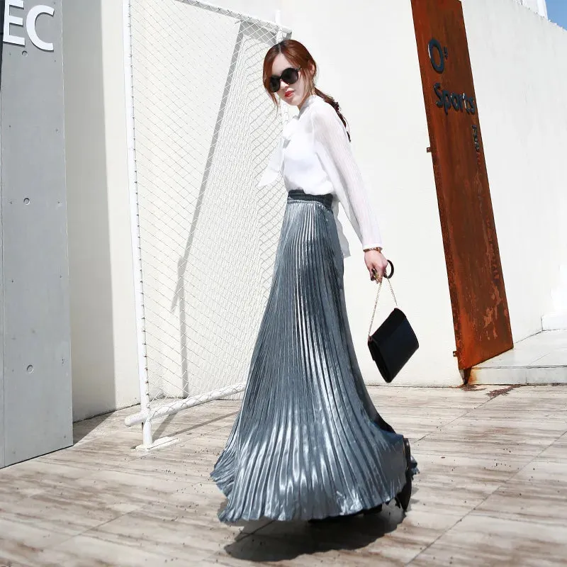 Silver Maxi Metal Flared Pleated High Waist Skirt