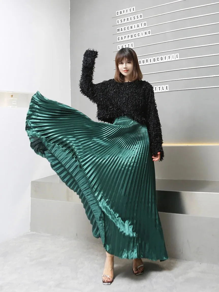 Silver Maxi Metal Flared Pleated High Waist Skirt