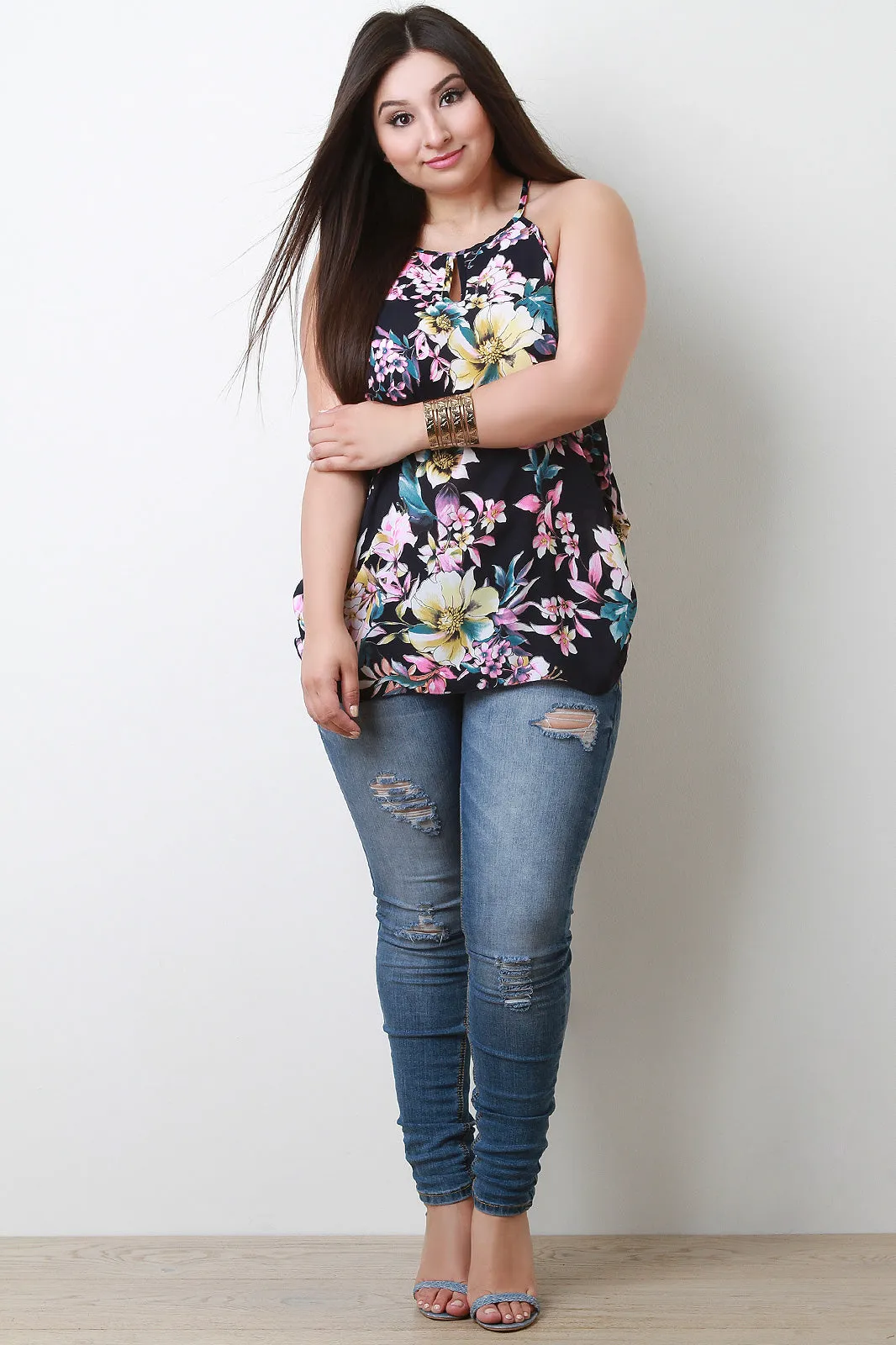 Sleeveless Floral Print Ruched Sides Keyhole Top