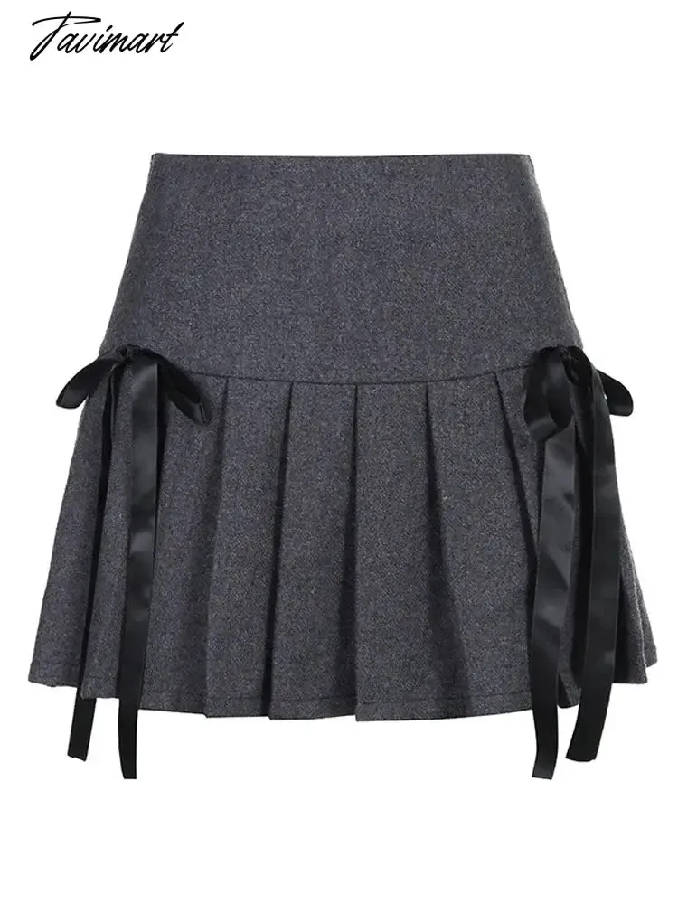 TAVIMART  Mini Skirts Women Vintage Preppy Style Pleated Skirt Sweet Bow High Waist Skirts Female Y2K Hot Girl Short Faldas Para Mujeres