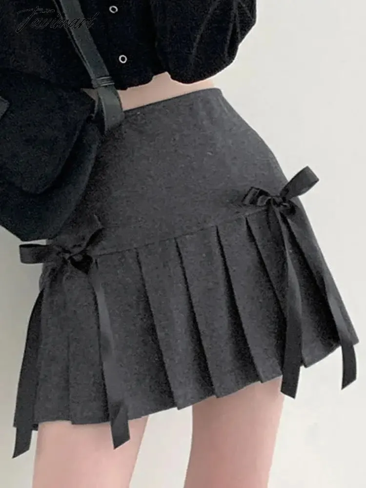 TAVIMART  Mini Skirts Women Vintage Preppy Style Pleated Skirt Sweet Bow High Waist Skirts Female Y2K Hot Girl Short Faldas Para Mujeres