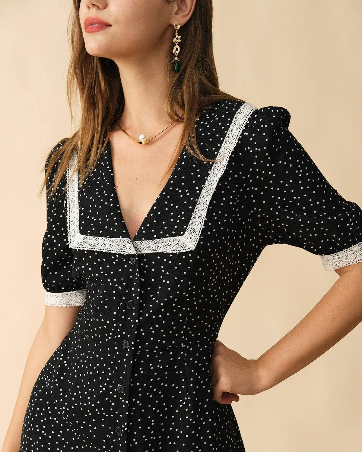 The Polka Dot Lace Trim Midi Dress