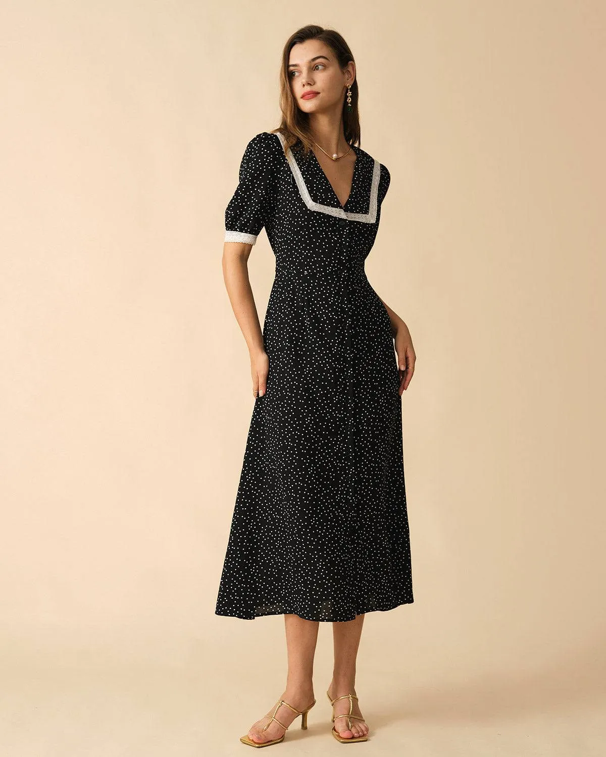 The Polka Dot Lace Trim Midi Dress