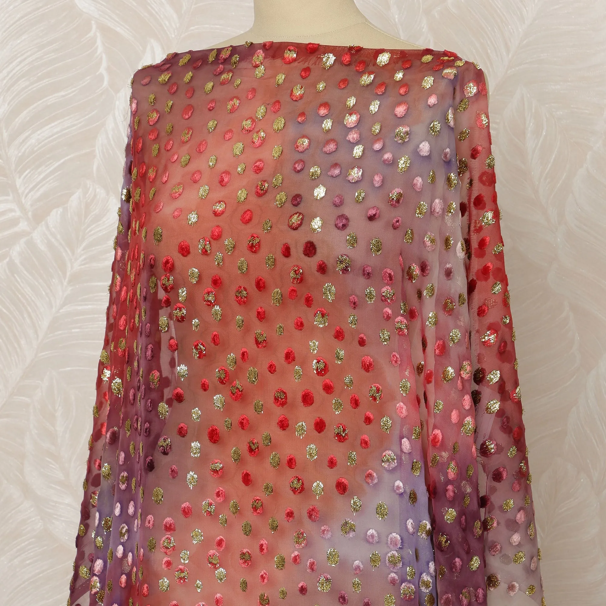 Traditional Somali Dirac Silk Blended Velvet Chiffon Fabric in Red and Purple with Gold Polka Dot Design, 3.5 Meters, 140 cm Width-D20609