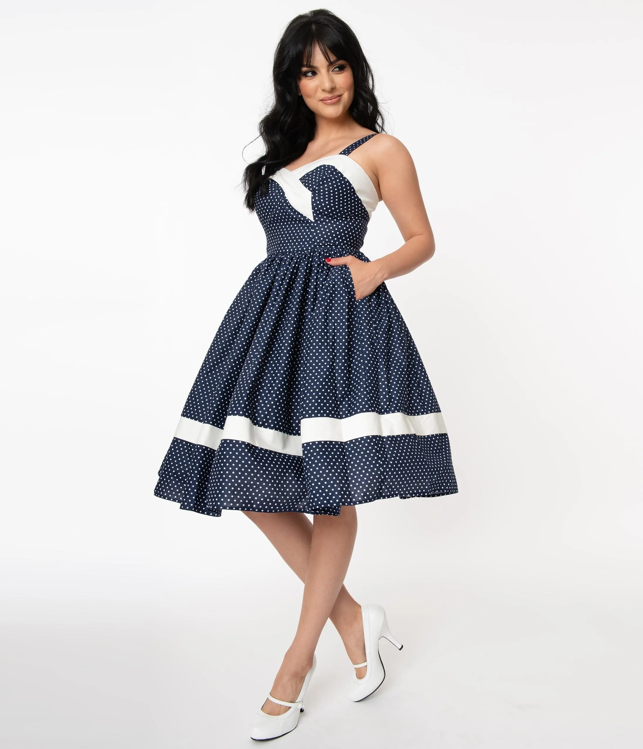 Unique Vintage Navy & White Pin Dot Print Darienne Swing Dress