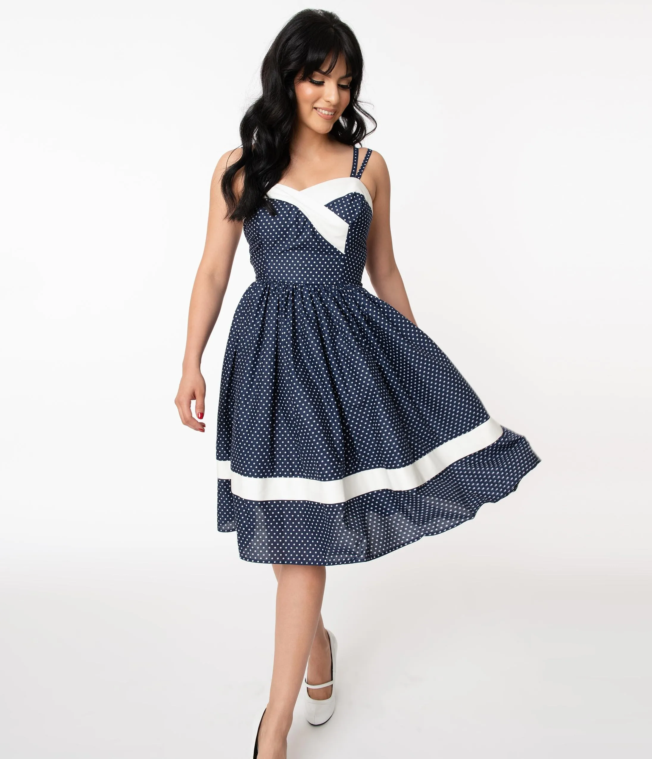 Unique Vintage Navy & White Pin Dot Print Darienne Swing Dress