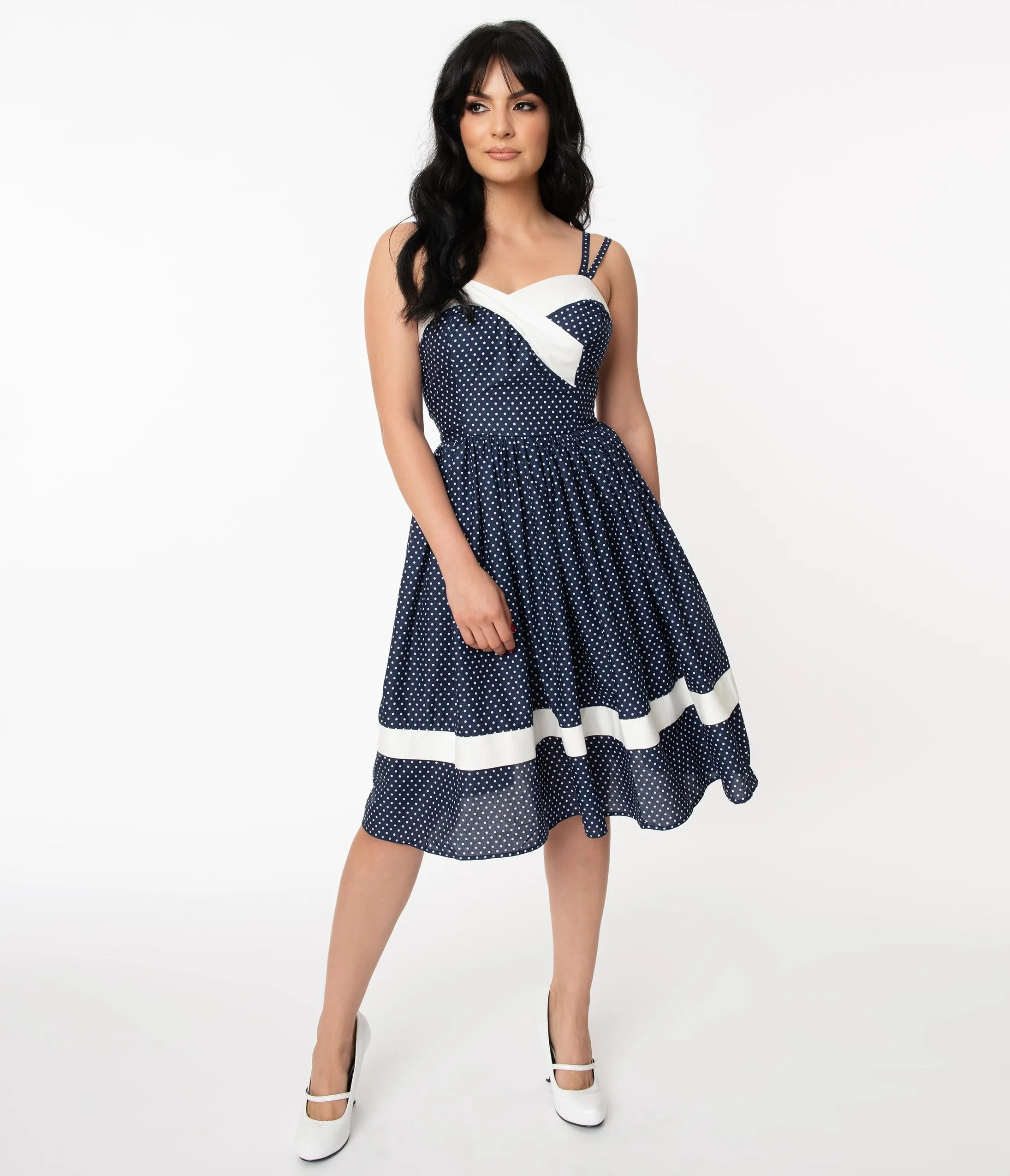 Unique Vintage Navy & White Pin Dot Print Darienne Swing Dress