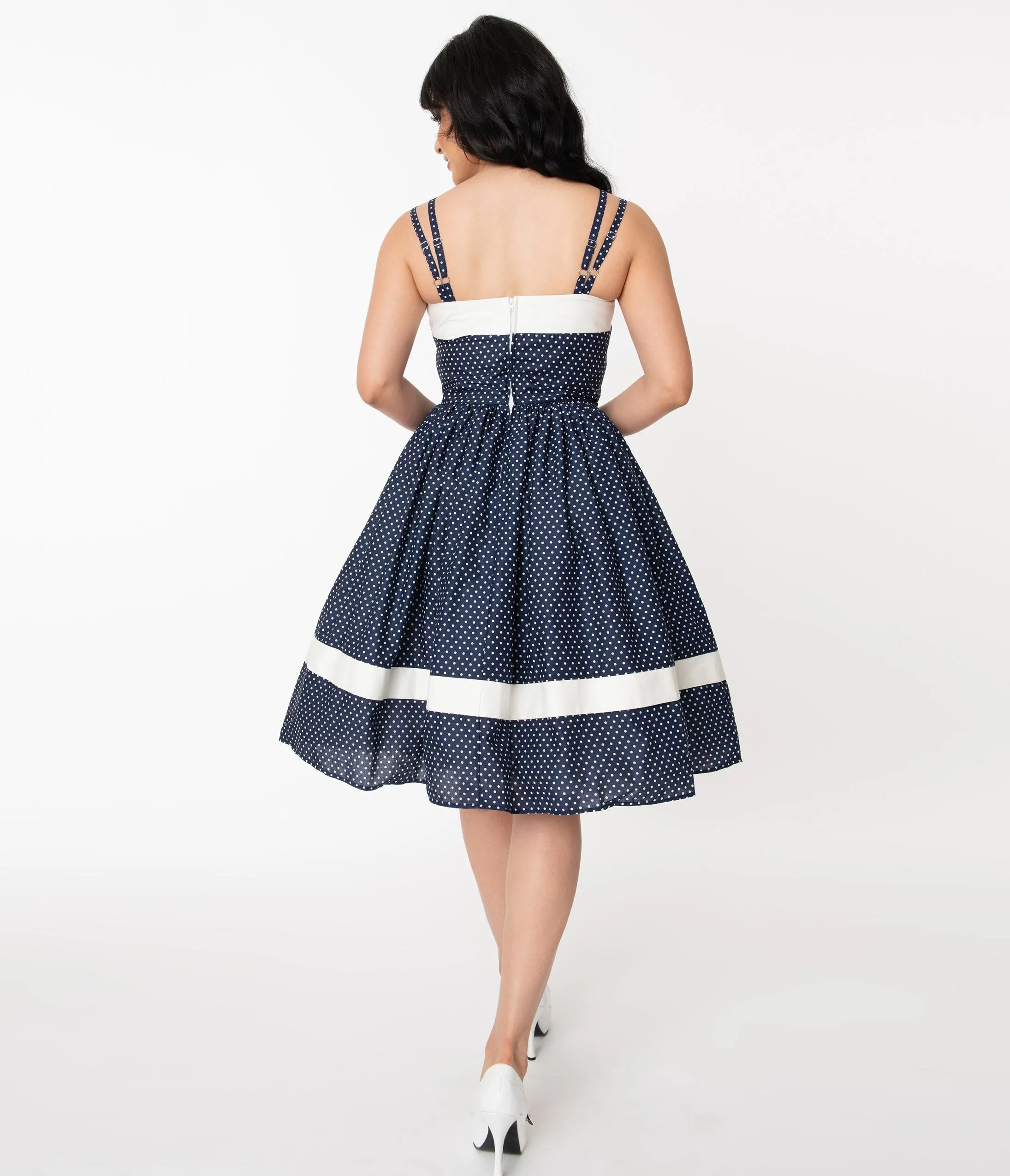 Unique Vintage Navy & White Pin Dot Print Darienne Swing Dress