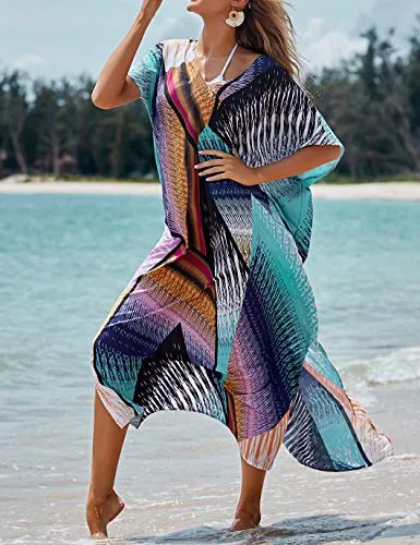 V-Neck Beach Kaftan Maxi Cover-Up with Colorful Print